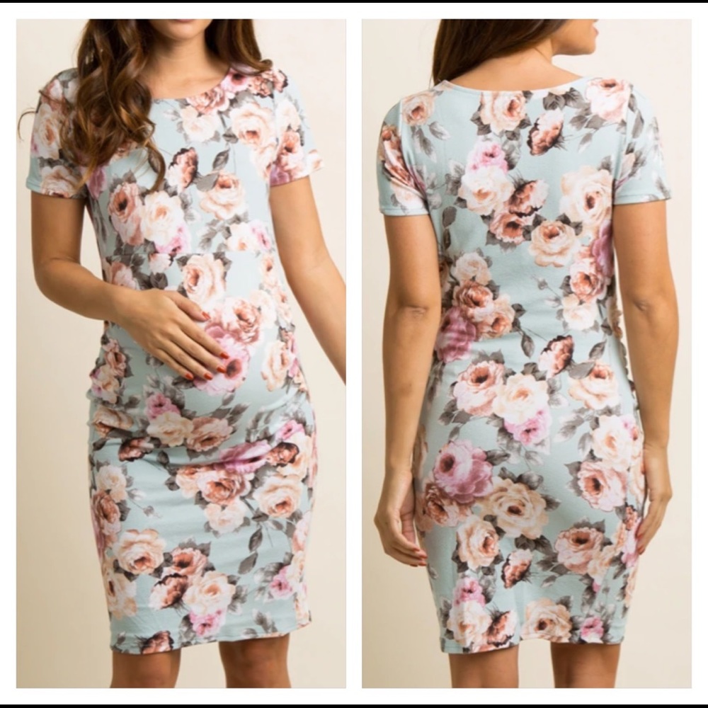PinkBlush, light blue floral fitted maternity dress